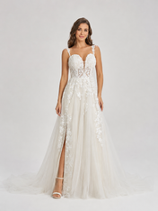 Elegant Sweetheart Lace Applique Tulle A-Line Wedding Dress with High Slit and Chapel Train