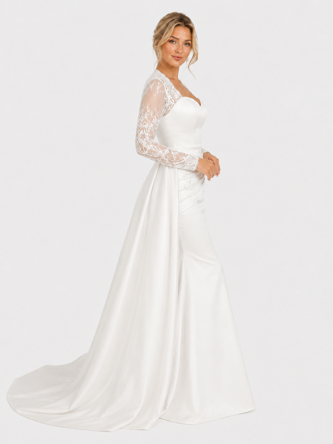 Elegant Lace Illusion Long-Sleeve Mermaid Wedding Dress with Detachable Overskirt and Chapel Train