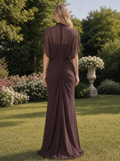 High-Neck Draped Capelet Bridesmaid Dress with Ruched Waistband