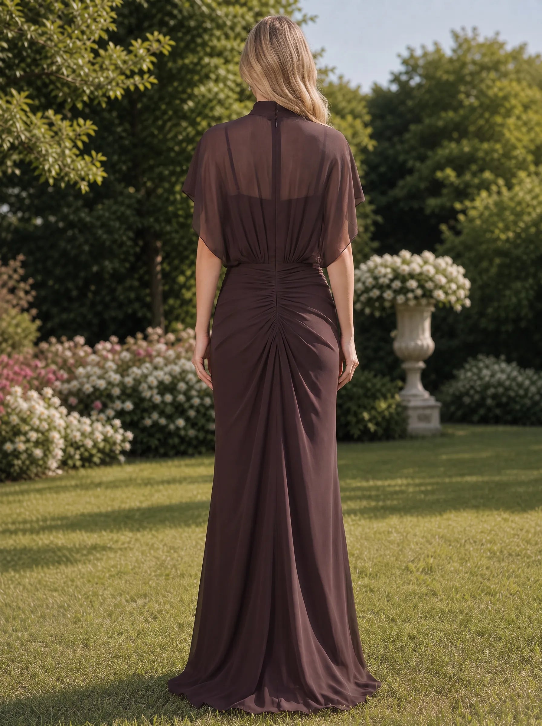 High-Neck Draped Capelet Bridesmaid Dress with Ruched Waistband