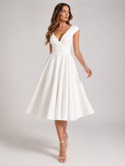 Elegant V-Neck Ruched Satin A-Line Wedding Dress with Open Back and Midi Hem