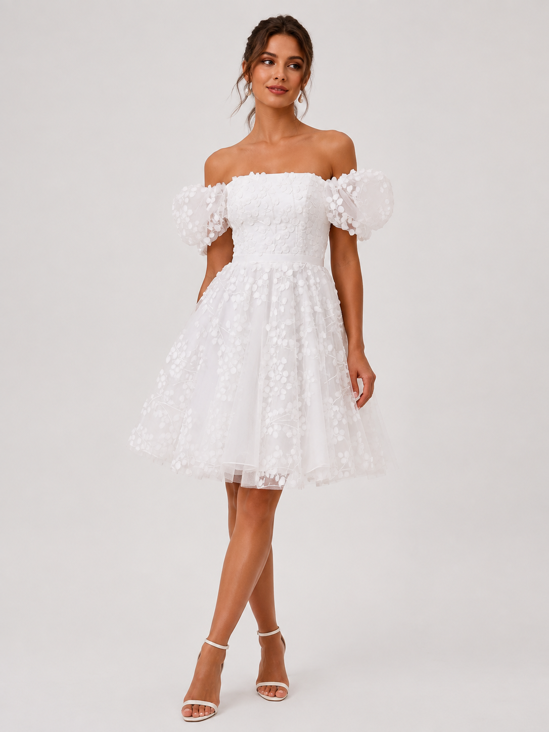 Elegant Off-the-Shoulder Short Bubble Sleeve A-Line Wedding Dress with Textured Floral Tulle