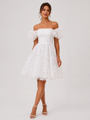 Elegant Off-the-Shoulder Short Bubble Sleeve A-Line Wedding Dress with Textured Floral Tulle