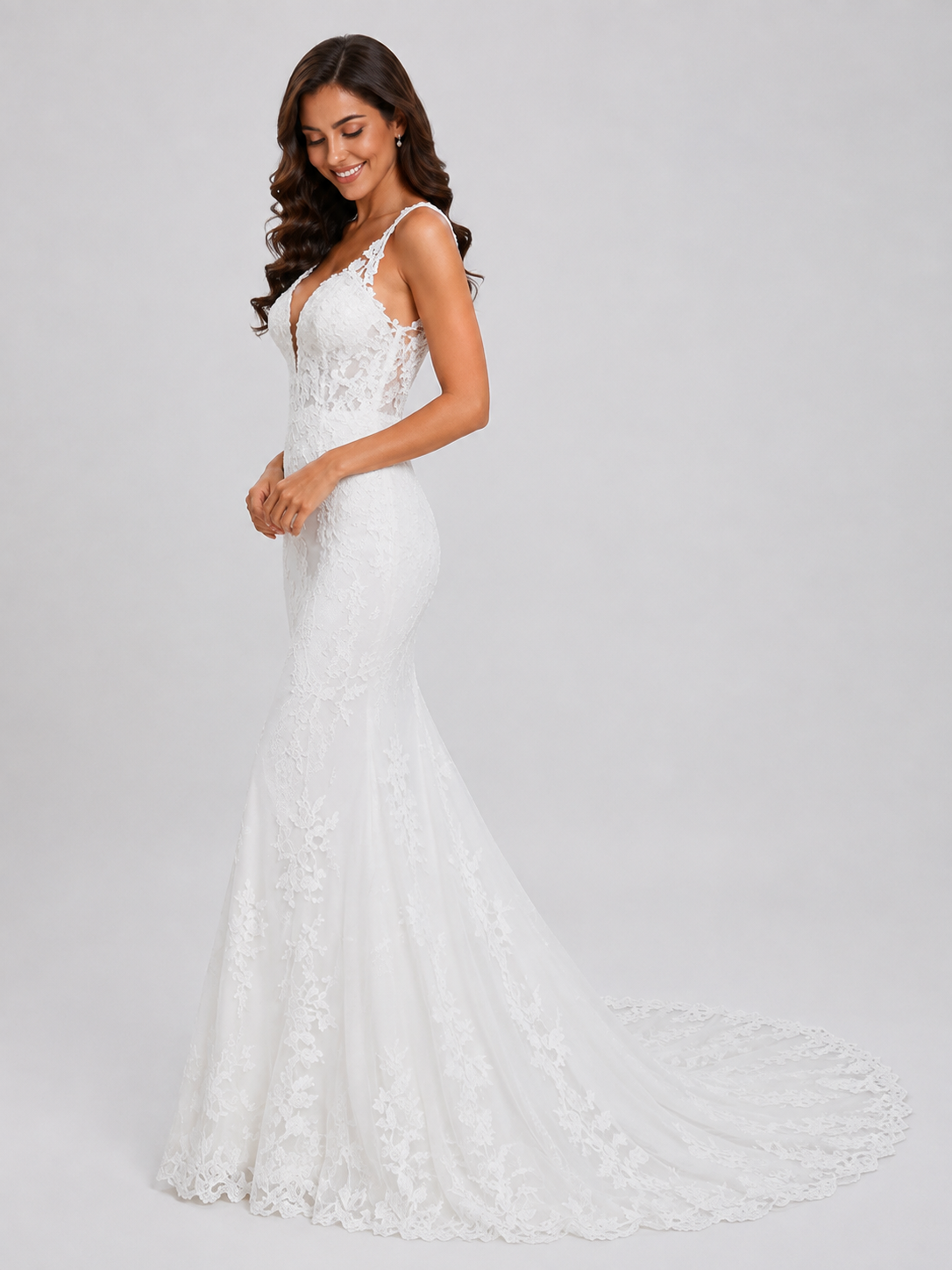 Elegant Deep V-Neck Plunging Lace Applique Mermaid Wedding Dress with Chapel Train