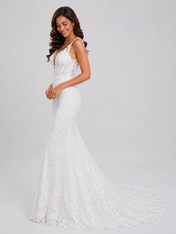 Elegant Deep V-Neck Plunging Lace Applique Mermaid Wedding Dress with Chapel Train