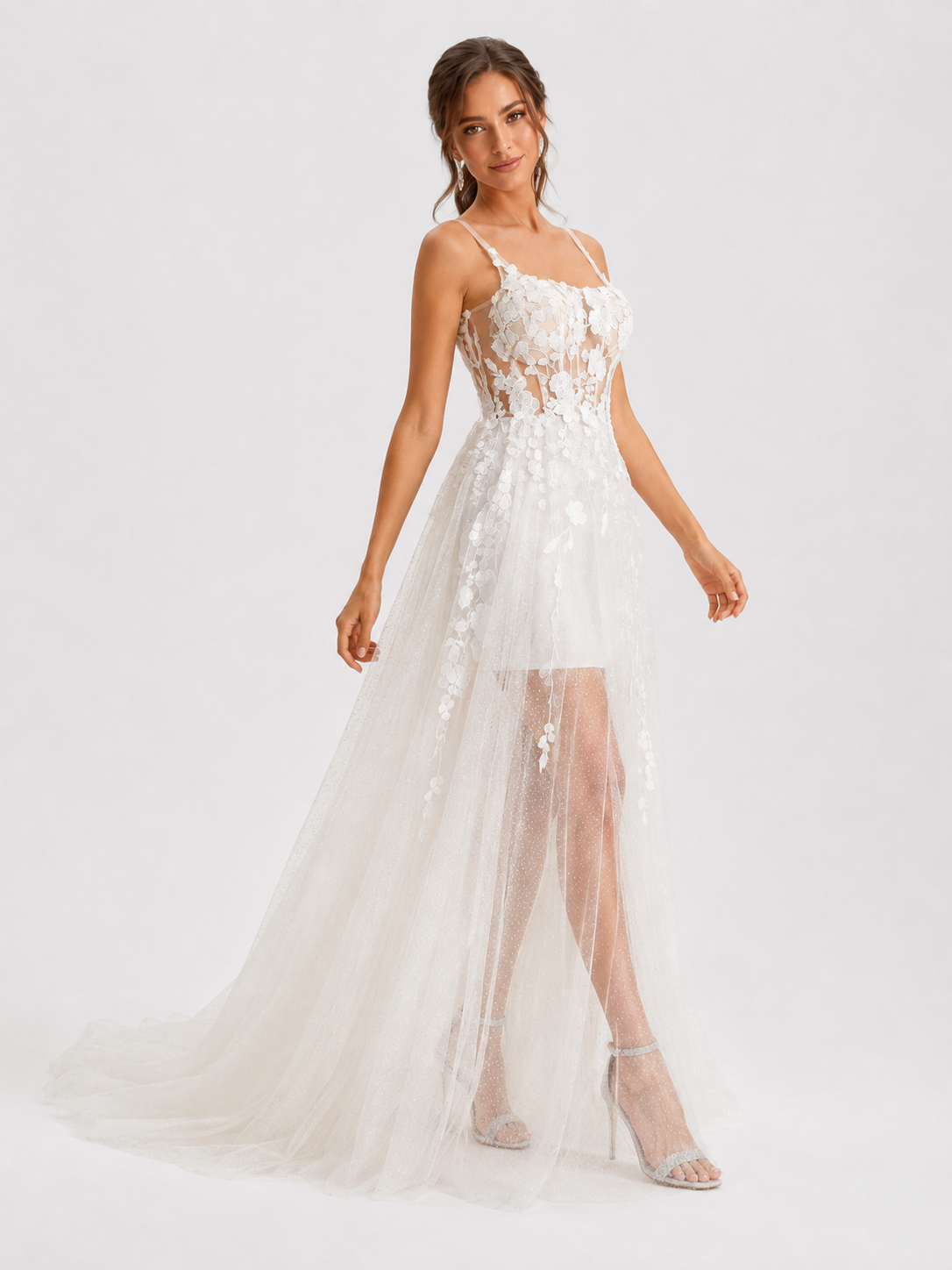 Elegant Spaghetti Strap 3D Floral Applique A-Line Wedding Dress with Sheer Over-Skirt and Chapel Train