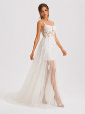 Elegant Spaghetti Strap 3D Floral Applique A-Line Wedding Dress with Sheer Over-Skirt and Chapel Train