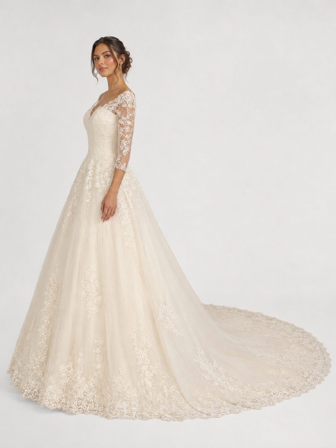 Elegant Three-Quarter-Sleeve Lace Applique Tulle A-Line Wedding Dress with Chapel Train