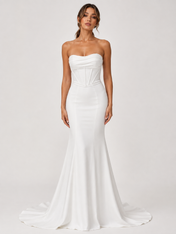 Elegant Strapless Ruched Satin Mermaid Wedding Dress with Exposed Boning and Chapel Train