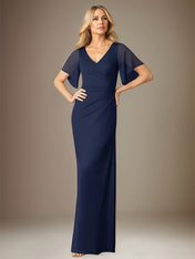 Dark Navy Sheath/Column Chiffon V Neck Floor Length Dress With Flutter Sleeves