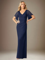 Dark Navy Sheath/Column Chiffon V Neck Floor Length Dress With Flutter Sleeves