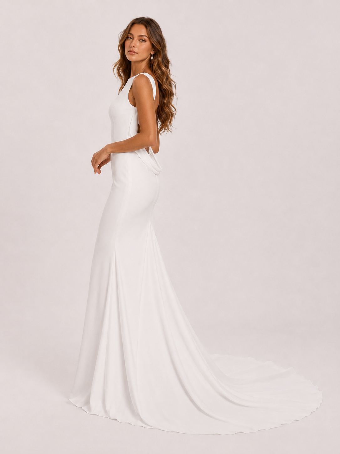 Elegant Square Neck Cowl Back Satin Mermaid Wedding Dress with Chapel Train