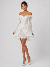 Elegant Off-the-Shoulder Lace Corset Mini Wedding Dress with Long Sleeves and Lace-Up Back