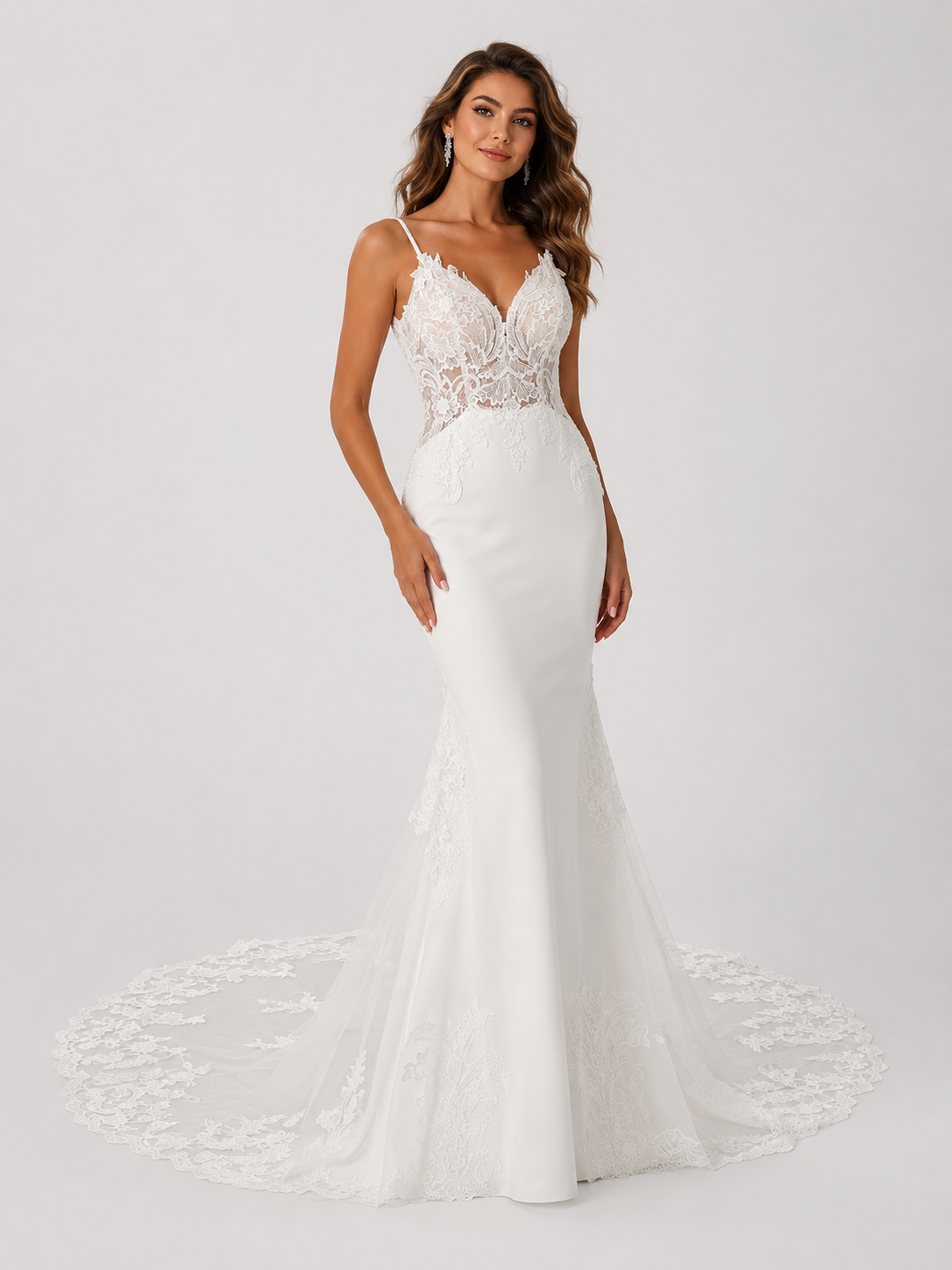 Elegant Illusion Lace Bodice Mermaid Wedding Dress with Chapel Train