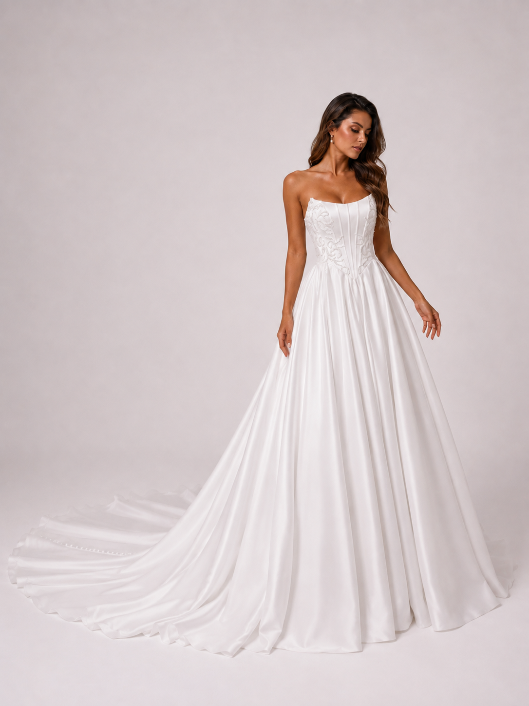 Elegant Strapless Embroidered Bodice Satin A-Line Wedding Dress with Chapel Train