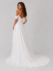 Elegant Off-the-Shoulder Ruched Satin A-Line Wedding Dress with High Slit and Chapel Train