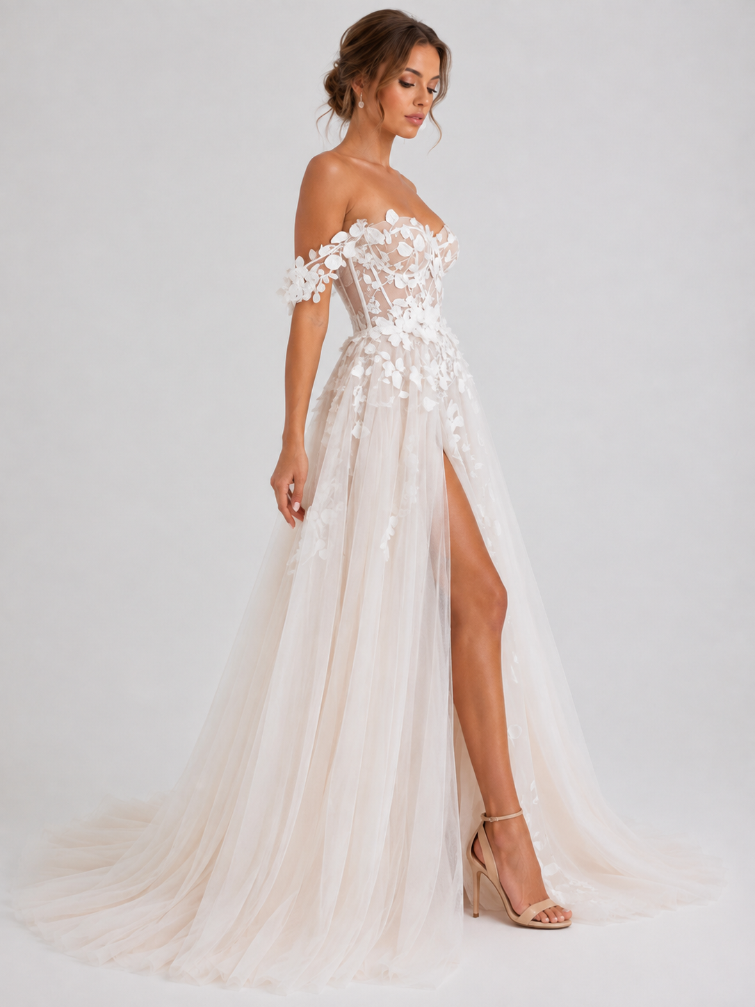 Elegant Off-the-Shoulder 3D Floral Applique Tulle A-Line Wedding Dress with High Slit and Chapel Train
