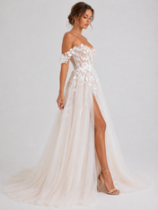 Elegant Off-the-Shoulder 3D Floral Applique Tulle A-Line Wedding Dress with High Slit and Chapel Train