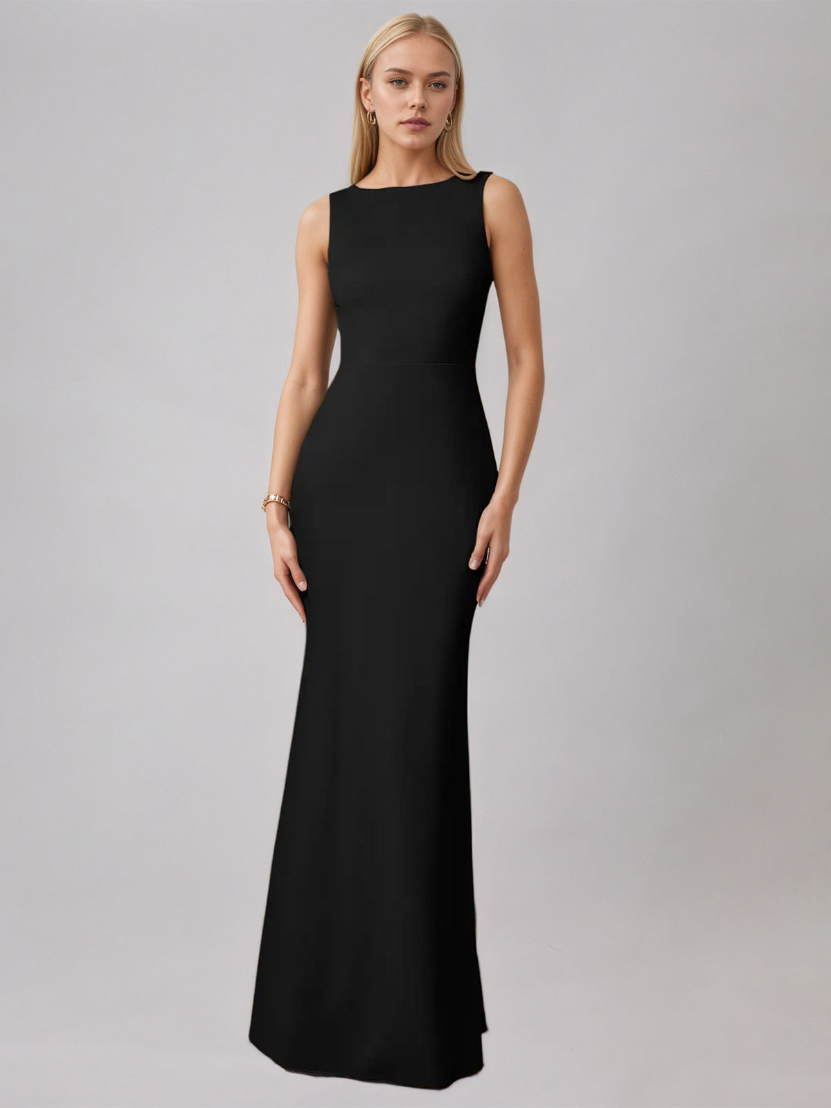 Black Sheath/Column Satin Scoop Neck Sleeveless Floor Length Dress With Bow
