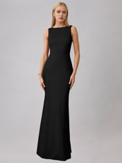 Black Sheath/Column Satin Scoop Neck Sleeveless Floor Length Dress With Bow