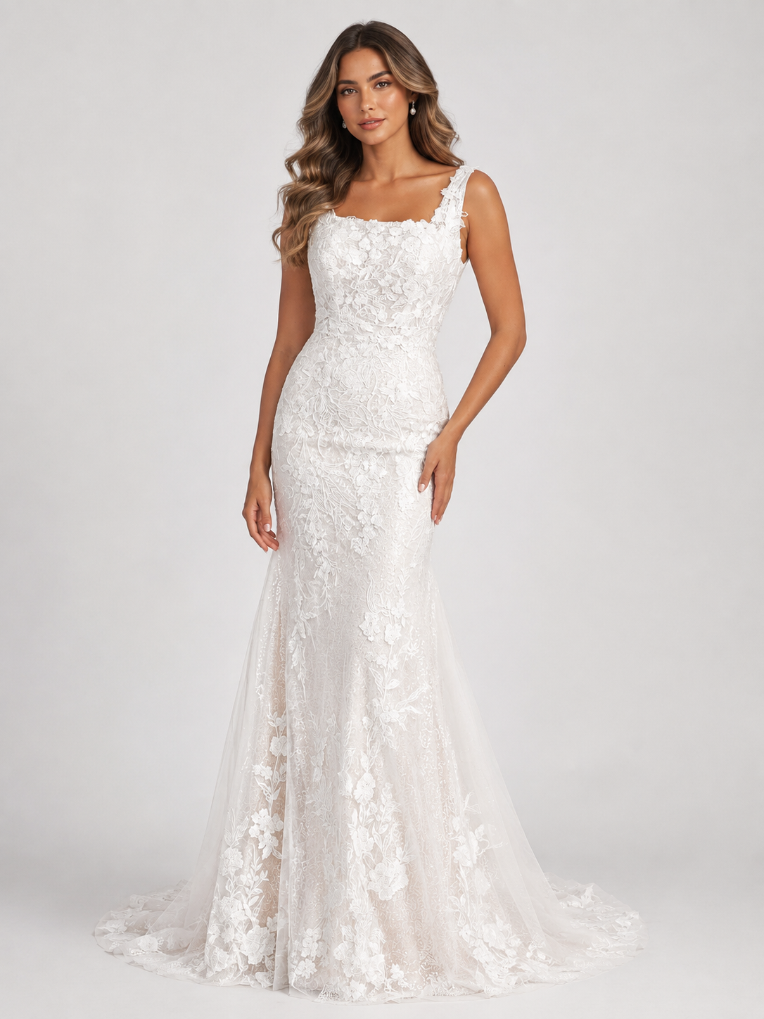 Elegant Square Neck Lace Sheath/Column Wedding Dress with Covered Buttons and Sweep Train