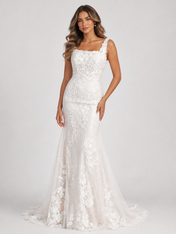 Elegant Square Neck Lace Sheath/Column Wedding Dress with Covered Buttons and Sweep Train