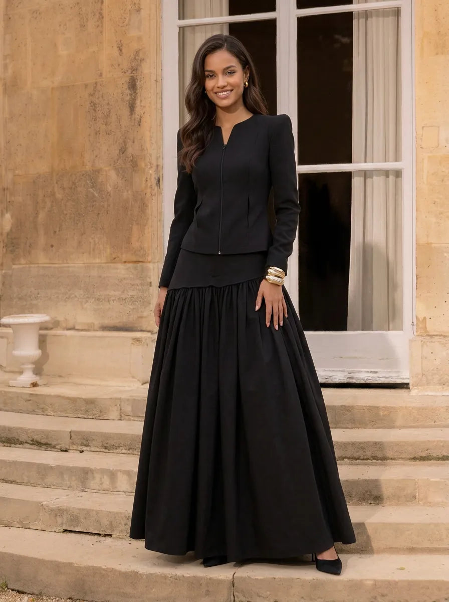 Black Long-Sleeve Jacket and Pleated Skirt Two-Piece Evening Dress