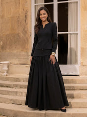 Black Long-Sleeve Jacket and Pleated Skirt Two-Piece Evening Dress
