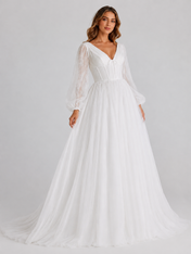 Elegant V-Neck Corset Tulle A-Line Wedding Dress with Long Bishop Sleeves and Chapel Train