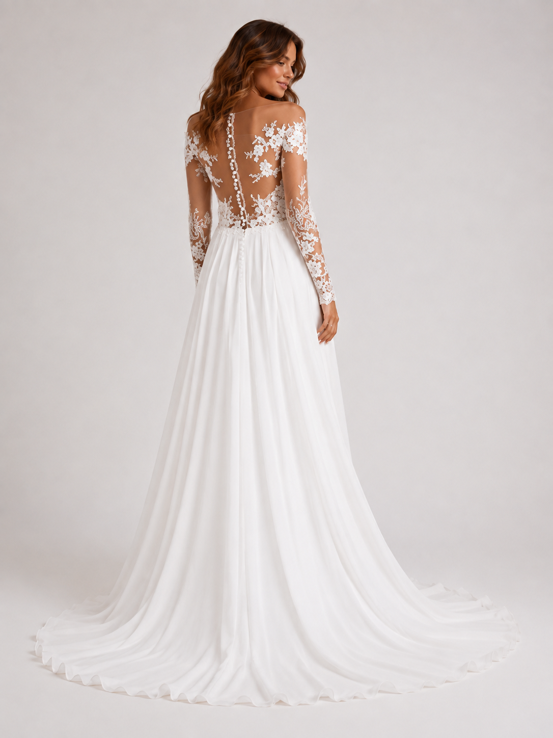 Elegant Illusion Lace Long-Sleeve A-Line Wedding Dress with High Slit and Chapel Train