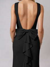Black Sheath/Column Satin Scoop Neck Sleeveless Floor Length Dress With Bow