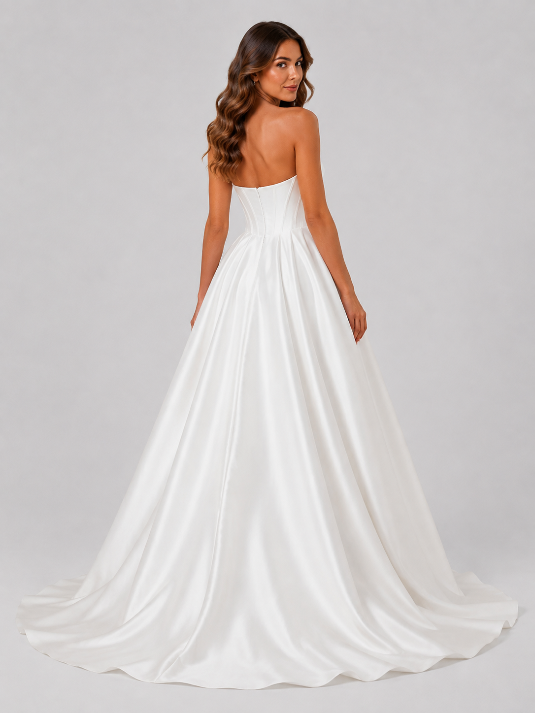 Elegant Strapless Straight-Neck Corset Satin Ball Gown Wedding Dress with Chapel Train