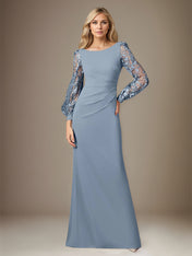 Dusty Blue Stretch Crepe Round Neck Long Sleeves Floor Length Dress With Appliques