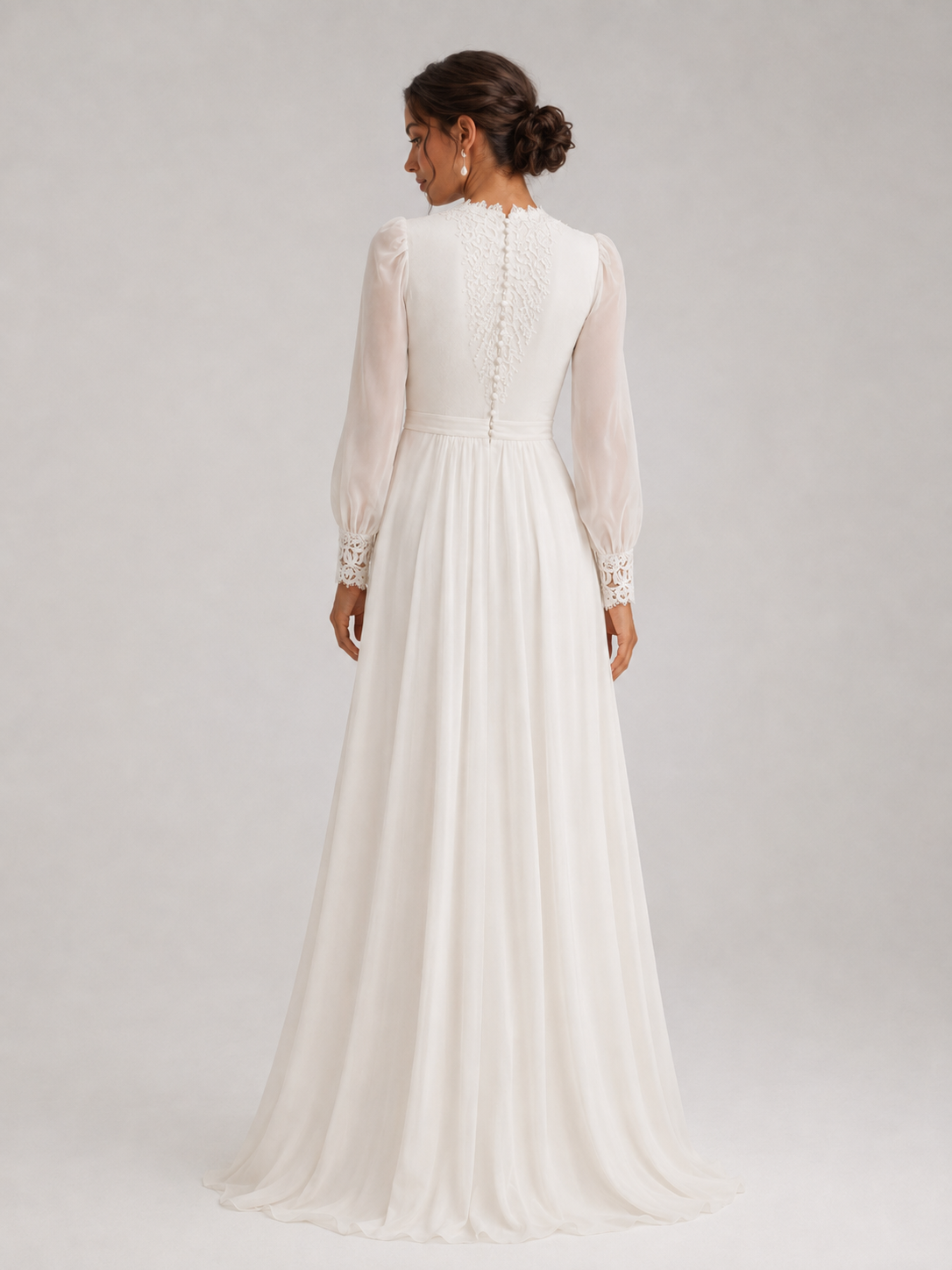 Elegant High-Neck Lace Long-Sleeve A-Line Wedding Dress with Sweep Train
