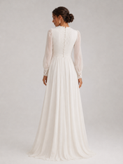 Elegant High-Neck Lace Long-Sleeve A-Line Wedding Dress with Sweep Train