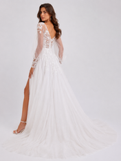 Elegant V-Neck Long Sleeve Lace Appliquéd Tulle A-Line Wedding Dress with High Slit and Chapel Train