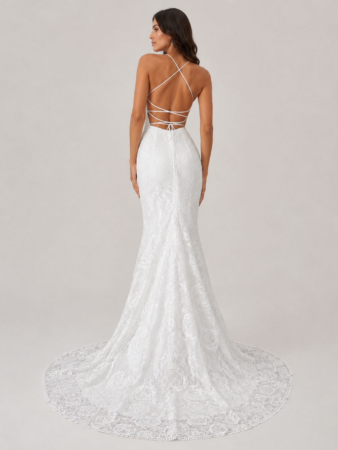 Elegant V-Neck Lace Mermaid Wedding Dress with Crisscross Back and Sweep Train