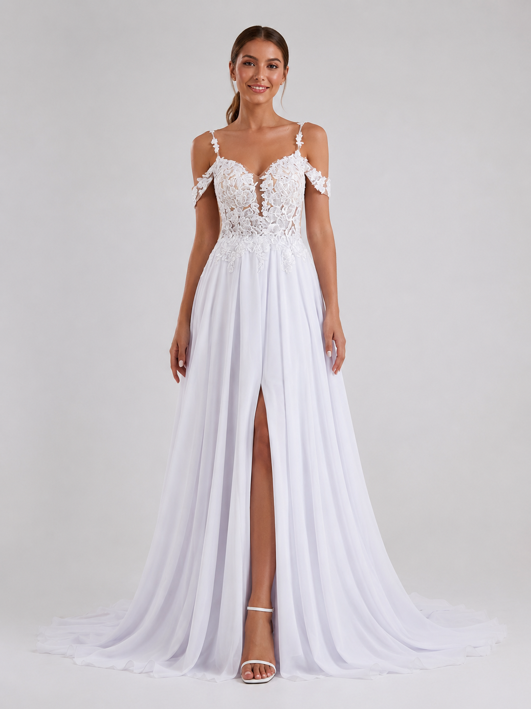 Elegant Off-the-Shoulder Lace Applique Chiffon A-Line Wedding Dress with High Slit and Chapel Train