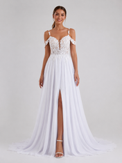 Elegant Off-the-Shoulder Lace Applique Chiffon A-Line Wedding Dress with High Slit and Chapel Train