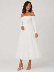 Elegantly Chic Off-the-Shoulder Long-Sleeve Tulle A-Line Midi Wedding Dress