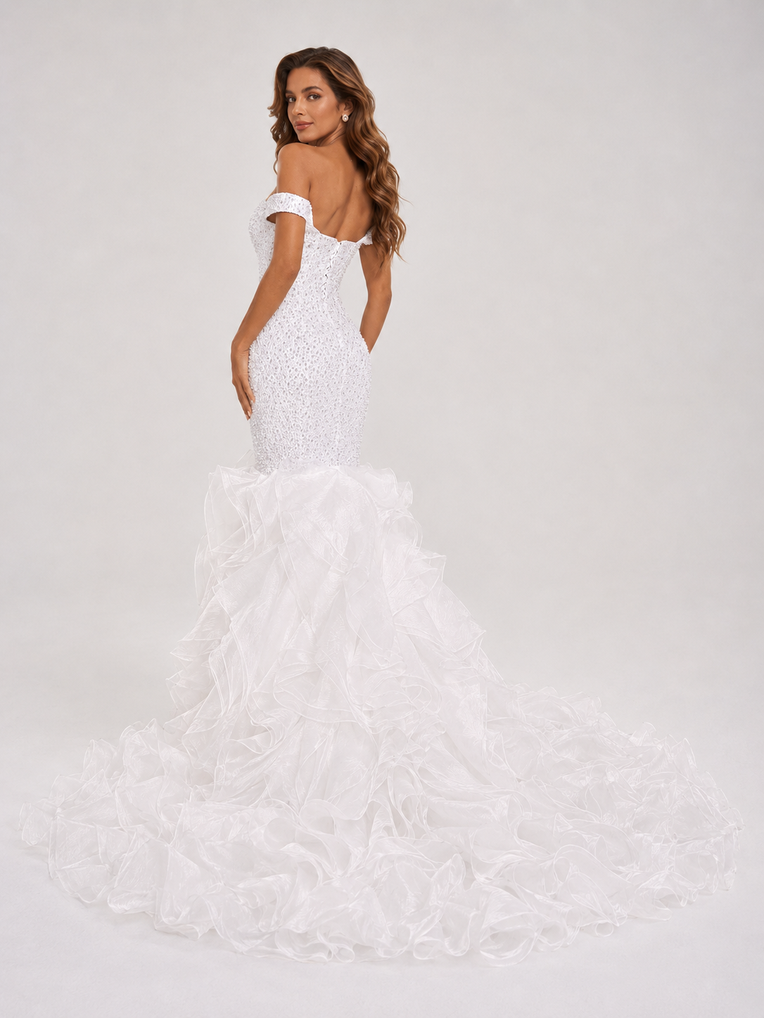 Elegant Off-the-Shoulder Beaded Mermaid Wedding Dress with Ruffled Train