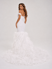 Elegant Off-the-Shoulder Beaded Mermaid Wedding Dress with Ruffled Train