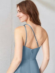 Steel Blue Satin One Shoulder Sleeveless Asymmetrical Length Dress With High Slit