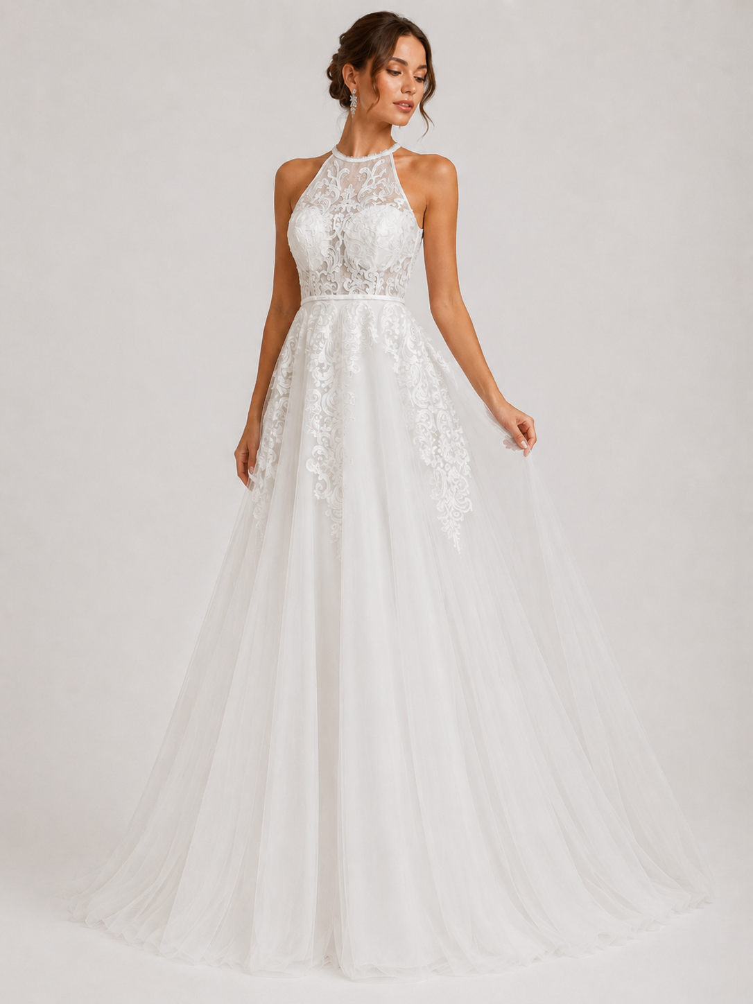 Elegant Halter Lace Appliquéd Tulle A-Line Wedding Dress with Chapel Train