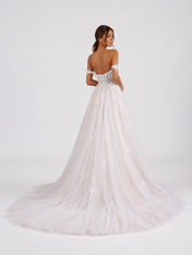 Elegant Off-the-Shoulder Lace Bodice Tulle A-Line Wedding Dress with Chapel Train