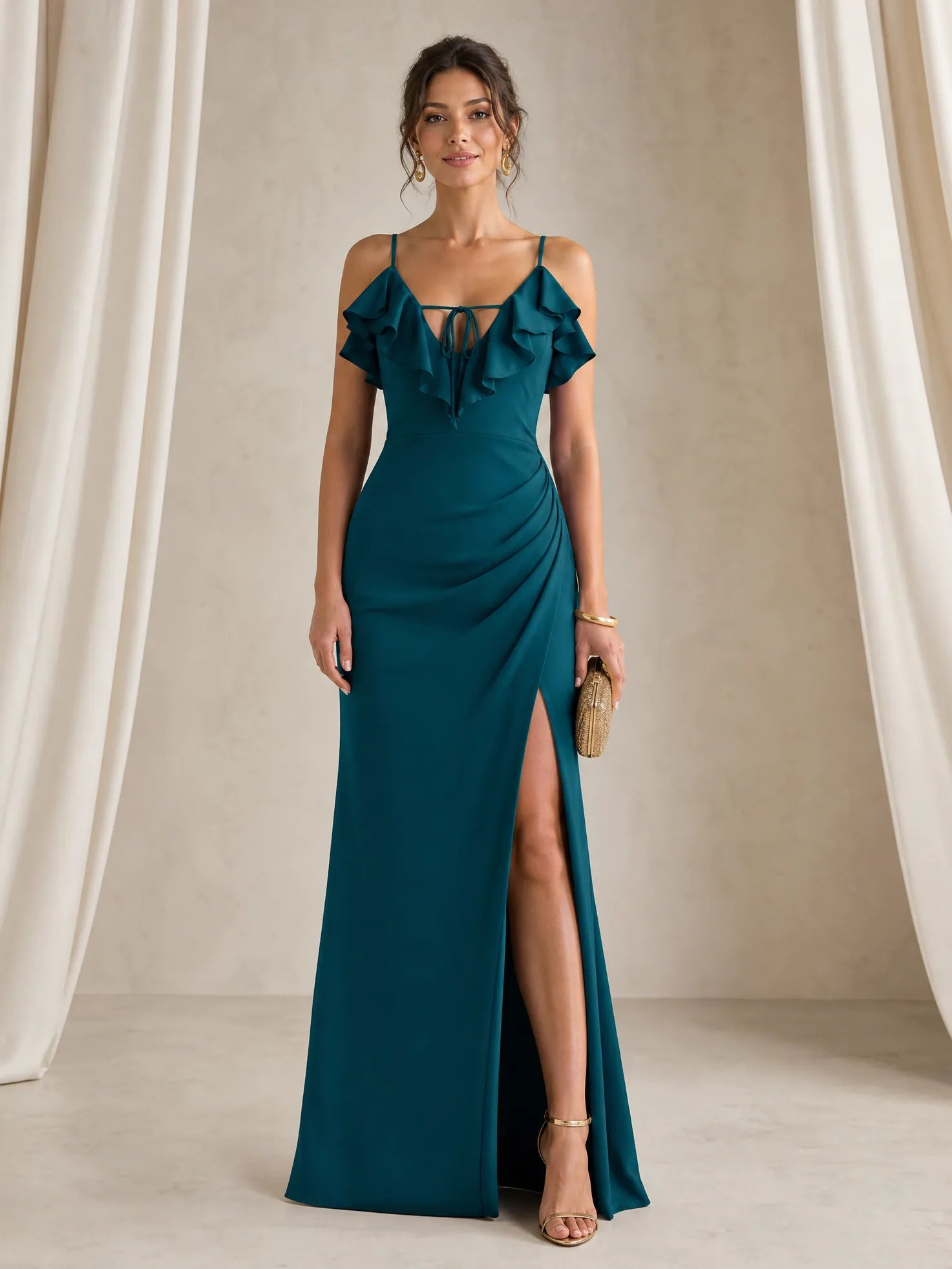 Ruffled V-Neck Column Gown with High Slit and Tie-Front Detail Bridesmaid Dress