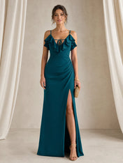 Ruffled V-Neck Column Gown with High Slit and Tie-Front Detail Bridesmaid Dress