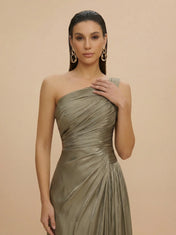 Forma Dress One Shoulder Metallic Pleated Evening Gown with High Slit