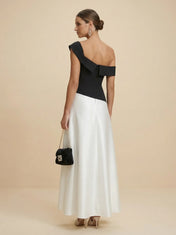 Elegant Bicolor One-Shoulder A-Line Maxi Dress with Folded Neckline