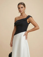 Elegant Bicolor One-Shoulder A-Line Maxi Dress with Folded Neckline